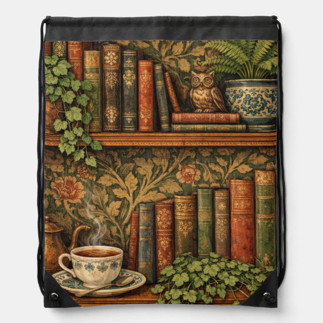 Retro book lover art drawstring bag (Front)