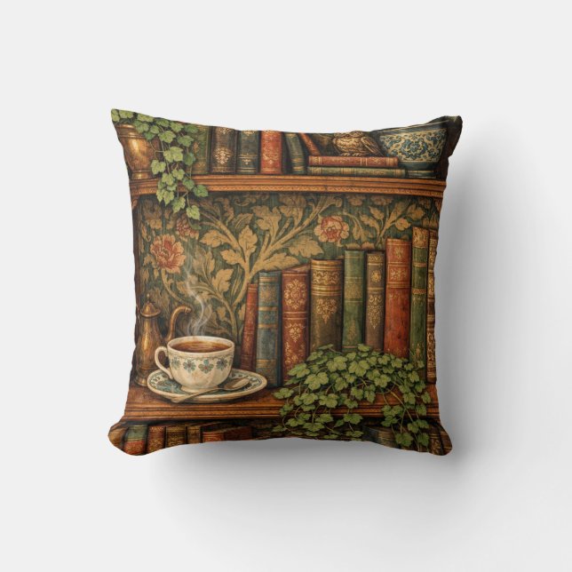 Retro book lover art throw pillow (Front)