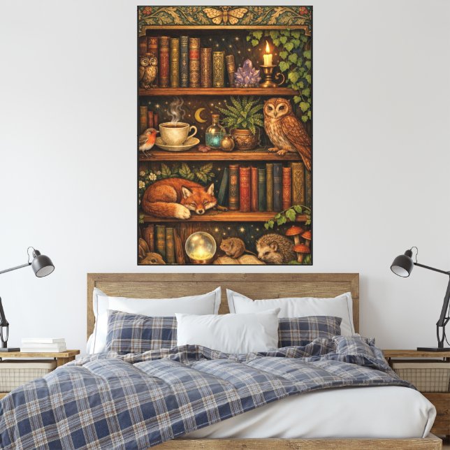 Retro book lover woodland animals canvas print (Insitu(Bedroom))