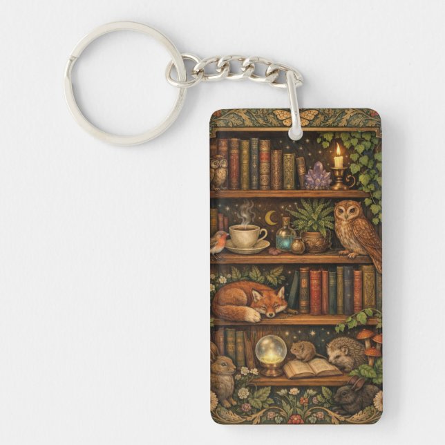 Retro book lover woodland animals keychain (Front)