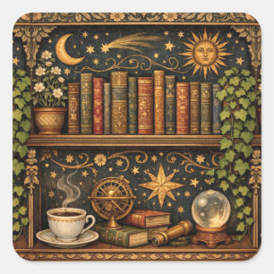Retro book shelf book lover celestial stars square sticker