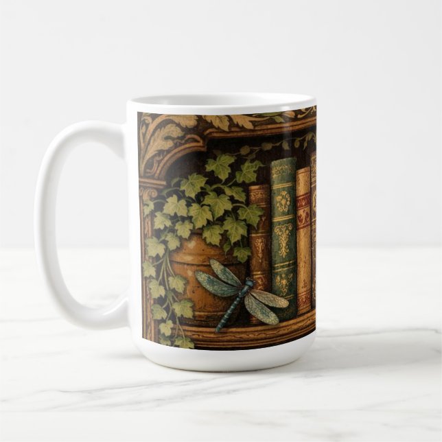 Retro book shelf dragonfly coffee floral  mug (Left)