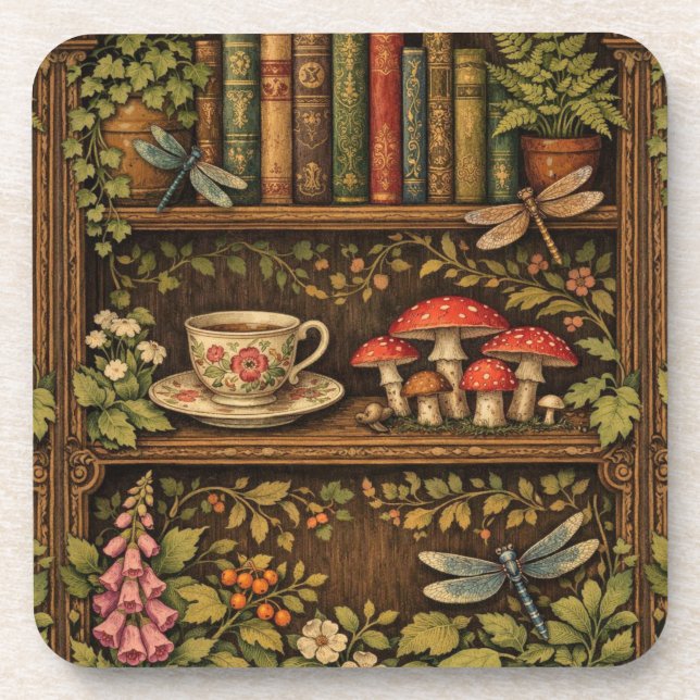 Retro book shelf mushrooms coffee floral  beverage coaster (Front)