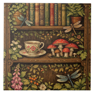Retro book shelf mushrooms coffee floral ceramic tile