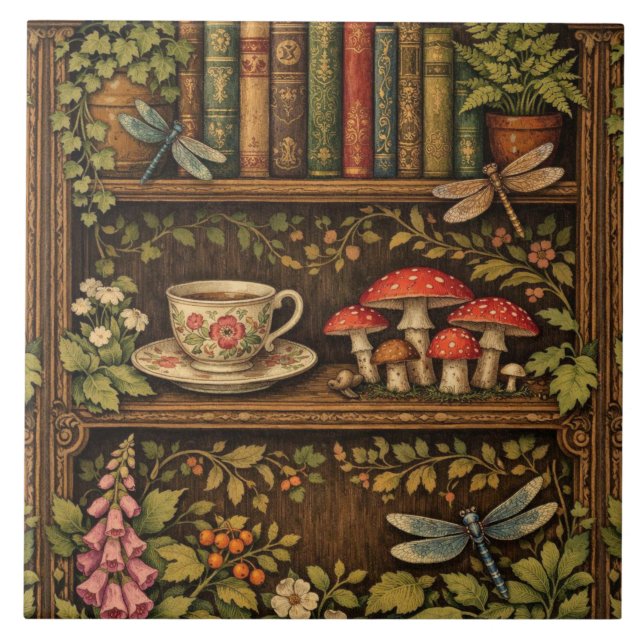 Retro book shelf mushrooms coffee floral  ceramic tile (Front)