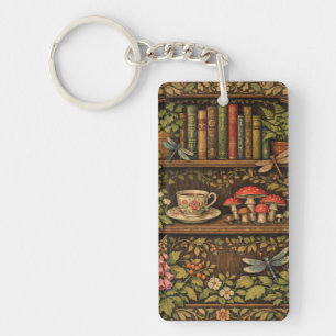 Retro book shelf mushrooms coffee floral keychain