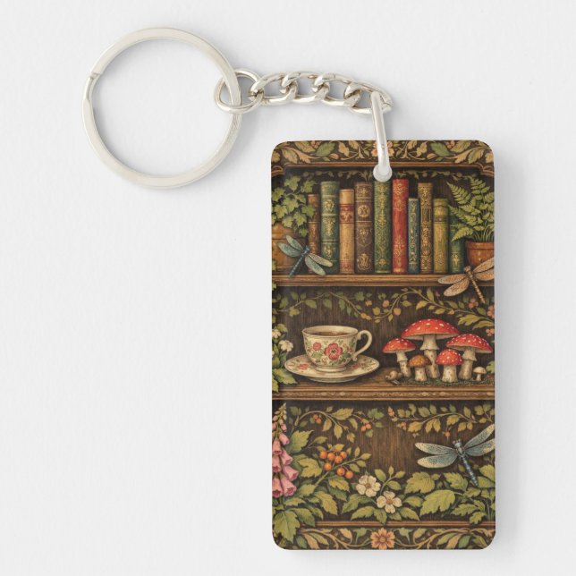 Retro book shelf mushrooms coffee floral  keychain (Front)