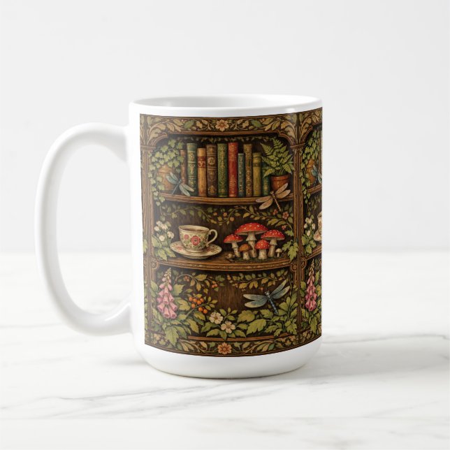 Retro book shelf mushrooms coffee floral  mug (Left)