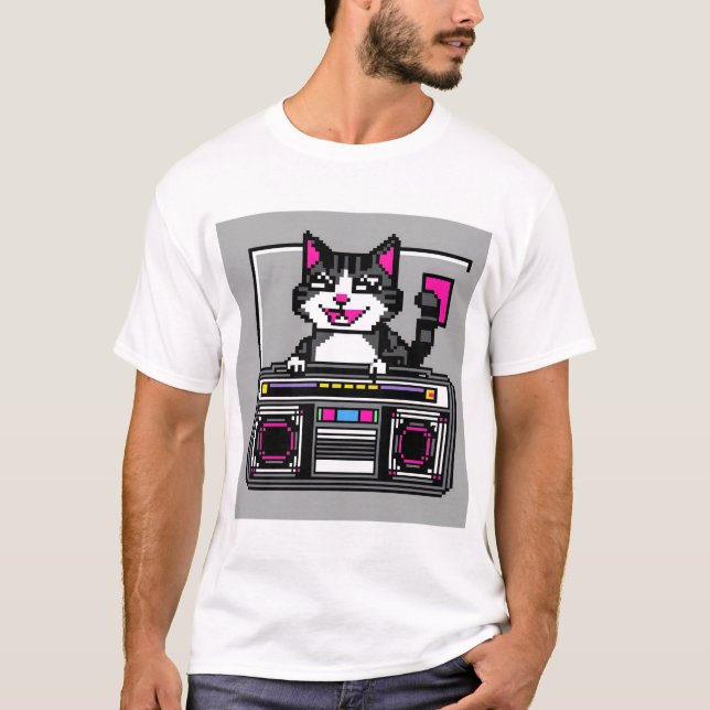 Retro Boombox Cat – Pixel DJ Vibes T-Shirt (Front)