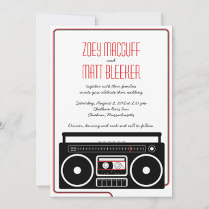 Retro Boombox Indie Mixtape Wedding (BW / Red) Invitation