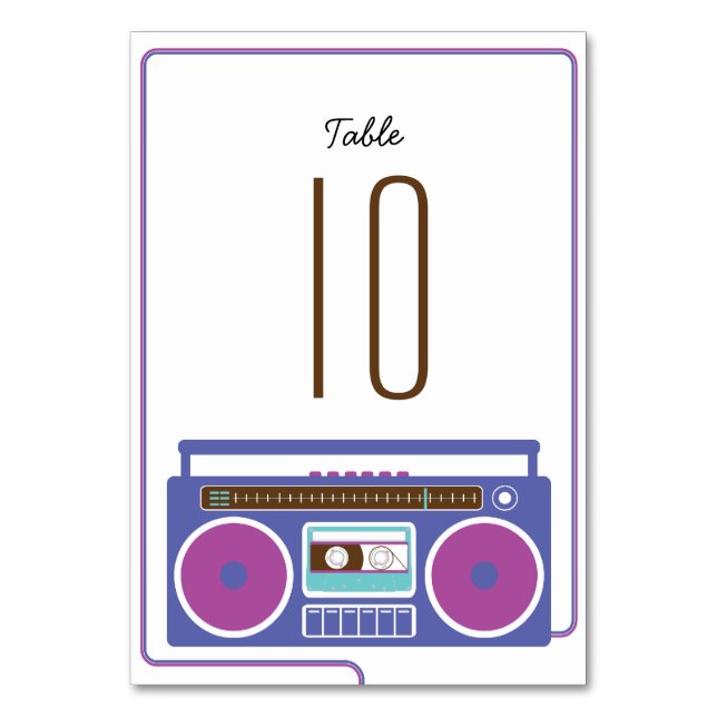 Retro Boombox Indie Mixtape Wedding Purple / Blue Table Number (Front)