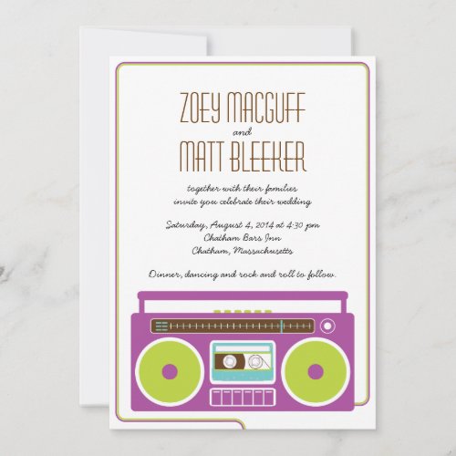 Retro Boombox Indie Mixtape Wedding (Purple/Lime) Personalized Invitation