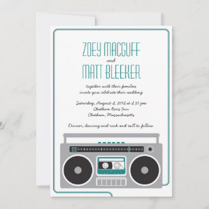 Retro Boombox Indie Mixtape Wedding (Teal / Silver Invitation