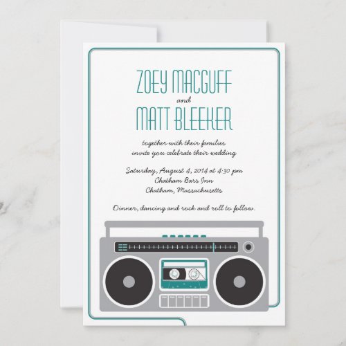 Retro Boombox Indie Mixtape Wedding Teal  Silver Invitation