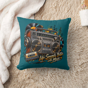 Retro Boombox "Life Sounds Better With Music" Throw Pillow