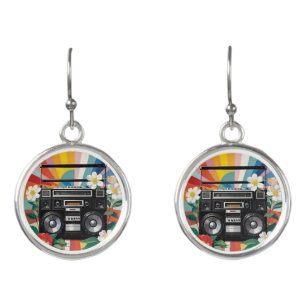 Retro Boombox With Rainbows And Flowers Earrings