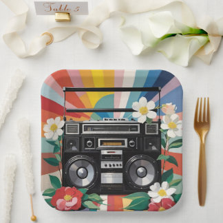 Retro Boombox With Rainbows And Flowers Paper Plates