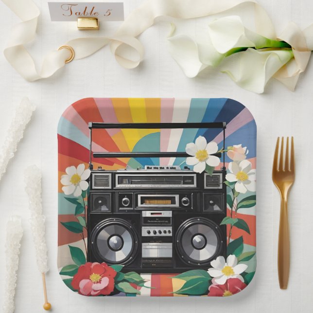 Retro Boombox With Rainbows And Flowers Paper Plates (Wedding)