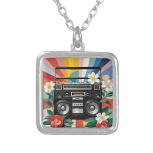 Retro Boombox With Rainbows And Flowers Silver Plated Necklace