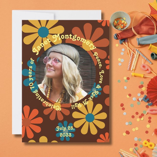 Retro Boomer Flower Power Photo Birthday  Invitation (Creator Uploaded)