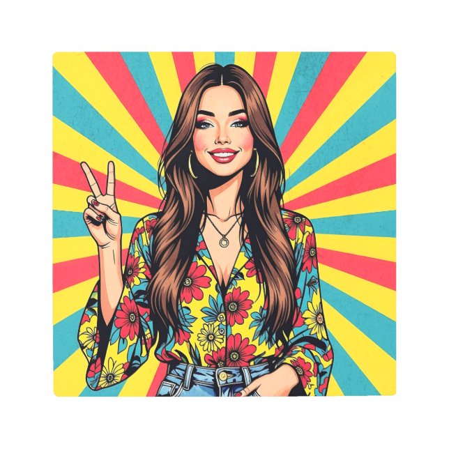 Retro Boomer Hippie Lady giving Peace Sign (Front)
