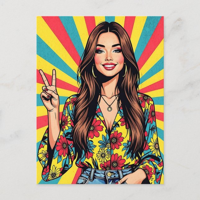 Retro Boomer Hippie Lady giving Peace Sign Postcard (Front)