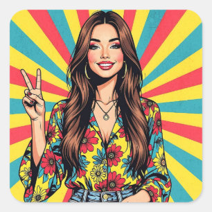 Retro Boomer Hippie Lady giving Peace Sign Square Sticker