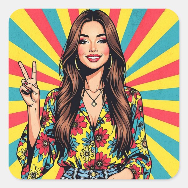 Retro Boomer Hippie Lady giving Peace Sign Square Sticker (Front)