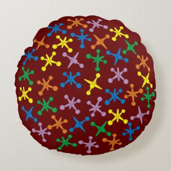 Retro Boomer Scattered Jacks Pattern Round Pillow by abitaskew at Zazzle