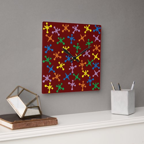 Retro Boomer Scattered Jacks Pattern Square Wall Clock