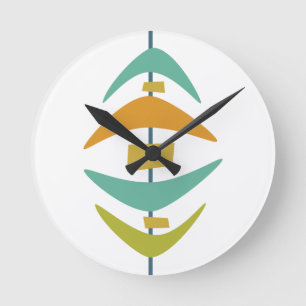 Retro Boomerang Aqua Orange Green Mid Century Round Clock