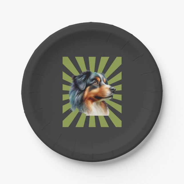 Retro Border Collie Sunburst Graphic design Paper Plates (Front)
