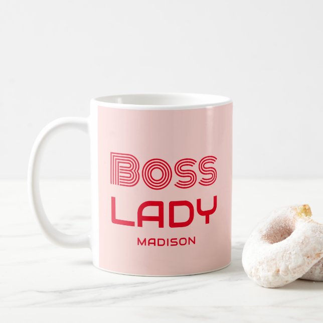 Retro Boss Lady Pink And Red Personalized Coffee Mug (With Donut)