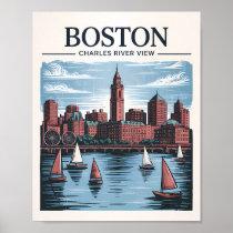 Retro Boston Sailboat Massachusetts Skyline Travel