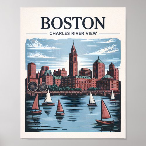Retro Boston Sailboat Massachusetts Skyline Travel