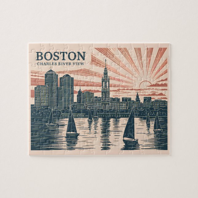 Retro Boston Sailboats Skyline Art Classic Bold Jigsaw Puzzle (Horizontal)