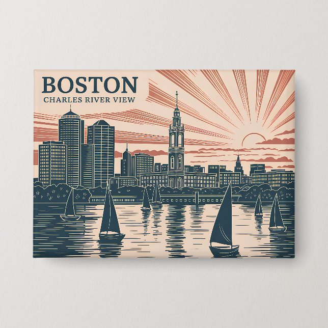 Retro Boston Sailboats Skyline Art Classic Boldd Button (Front)
