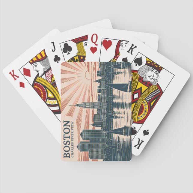 Retro Boston Sailboats Skyline Art Classic Travel Poker Cards (Back)