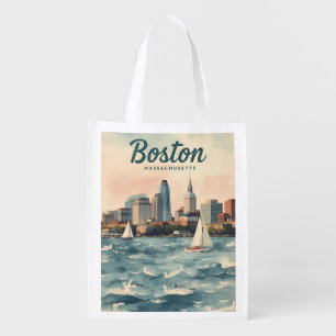 Retro Boston Skyline & Sailboats Massachusetts Grocery Bag