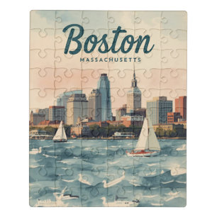 Retro Boston Skyline & Sailboats   Massachusetts Jigsaw Puzzle