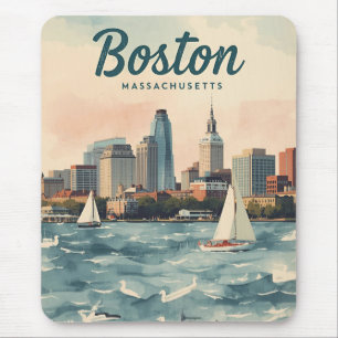 Retro Boston Skyline & Sailboats Massachusetts Mouse Pad