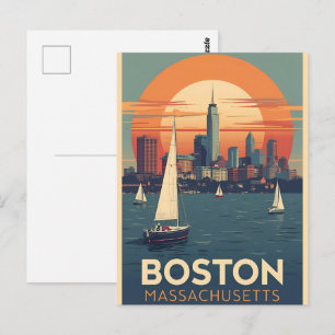 Retro Boston Skyline & Sailboats   Massachusetts Postcard