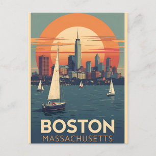 Retro Boston Skyline & Sailboats   Massachusetts Postcard
