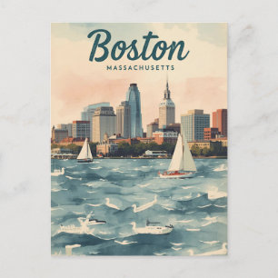 Retro Boston Skyline & Sailboats   Massachusetts Postcard