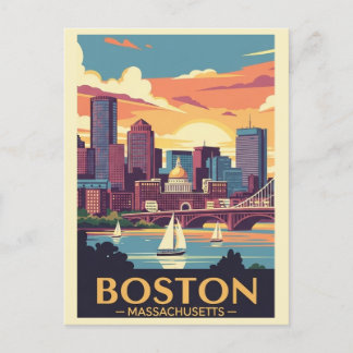 Retro Boston Vintage Travel Sailboats Harbor Postcard