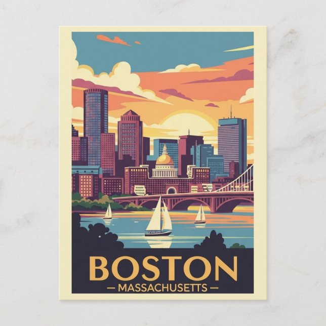 Retro Boston Vintage Travel Sailboats Harbor Postcard (Front)