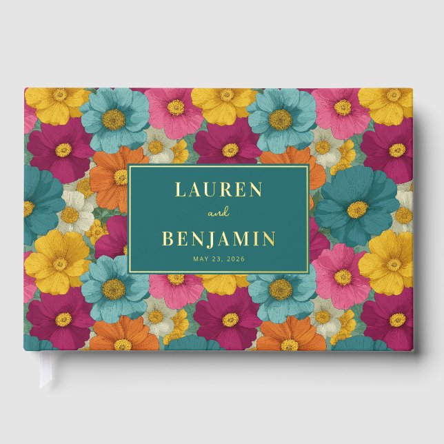 Retro Botanica and Teal Wedding Foil Guest Book (Front)