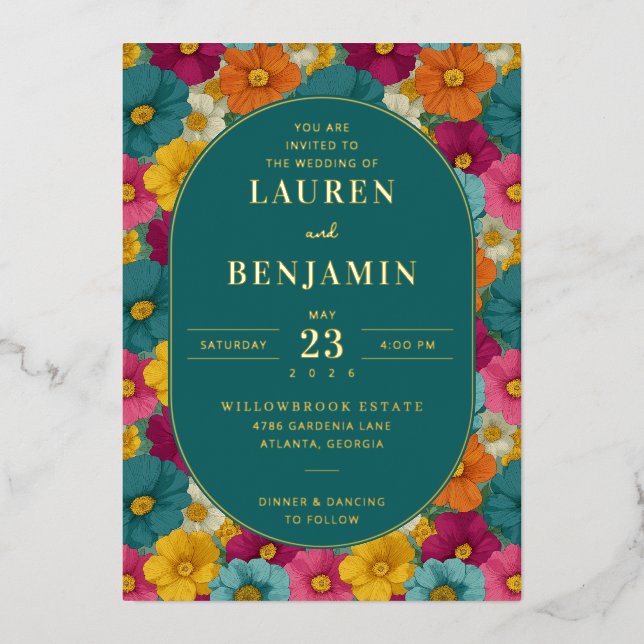 Retro Botanica and Teal Wedding Foil Invitation (Front)