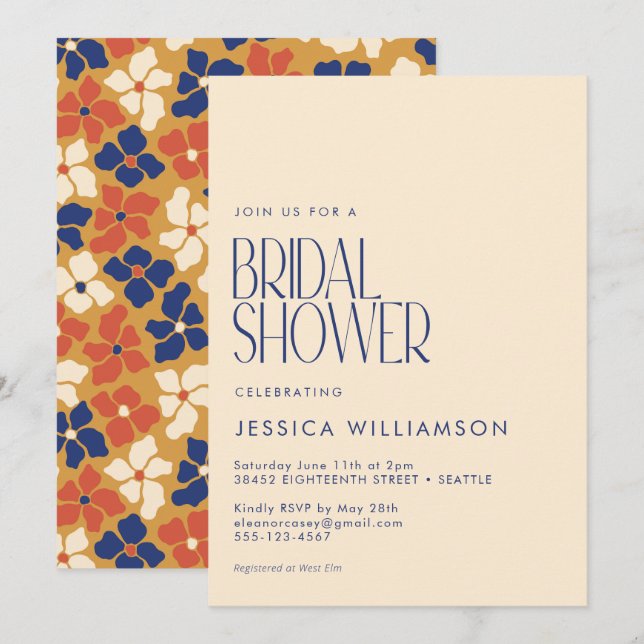 Retro Botanical Blue Yellow Floral Bridal Shower Invitation (Front/Back)
