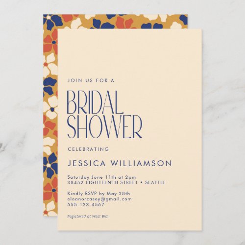 Retro Botanical Blue Yellow Floral Bridal Shower Invitation